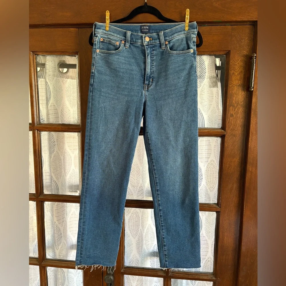 J. Crew Women's Stovepipe Jeans with Cut Hem Signature Stretch+ Sail Port Wash - Picture 3 of 8